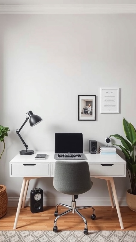 A small home office setup featuring a modern desk, chair, lamp, and decorative elements.