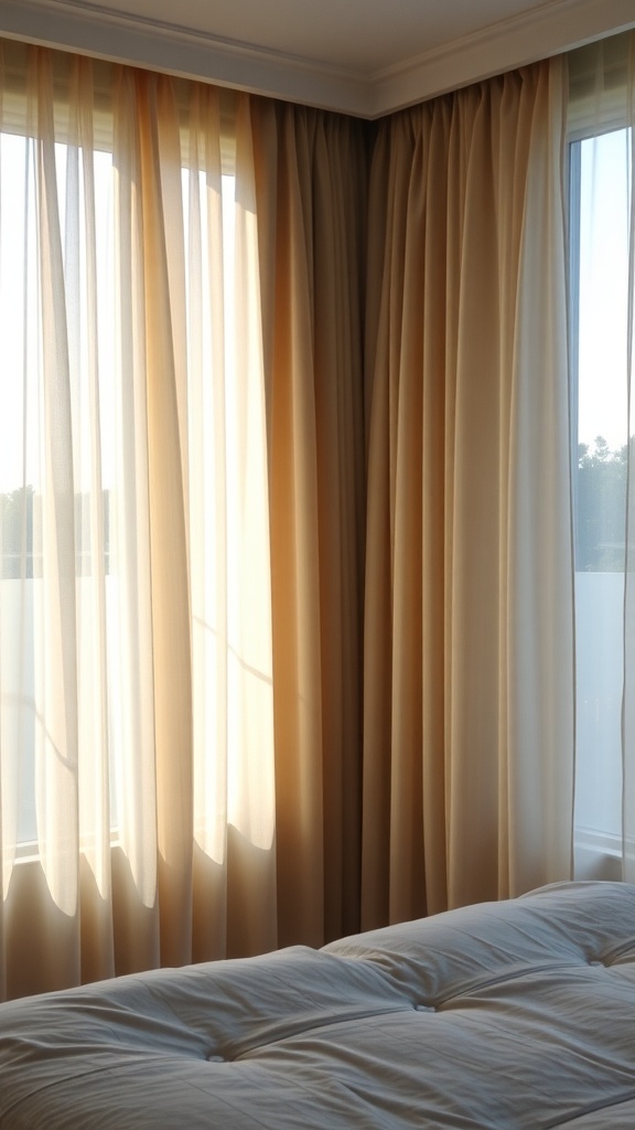 Soft beige curtains allowing natural light to filter into a warm bedroom.