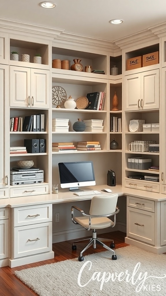 A stylish home office with built-in storage solutions, featuring a desk, shelves, and cabinets.
