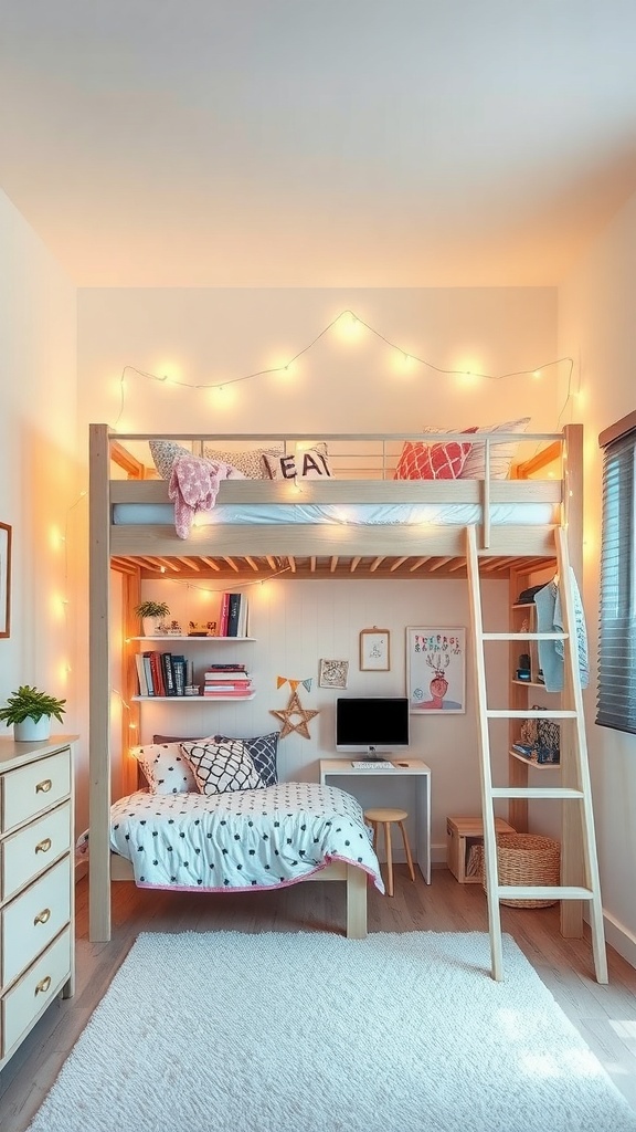 A stylish girl's bedroom featuring a trendy loft bed with a desk underneath, warm lighting, and colorful decor.