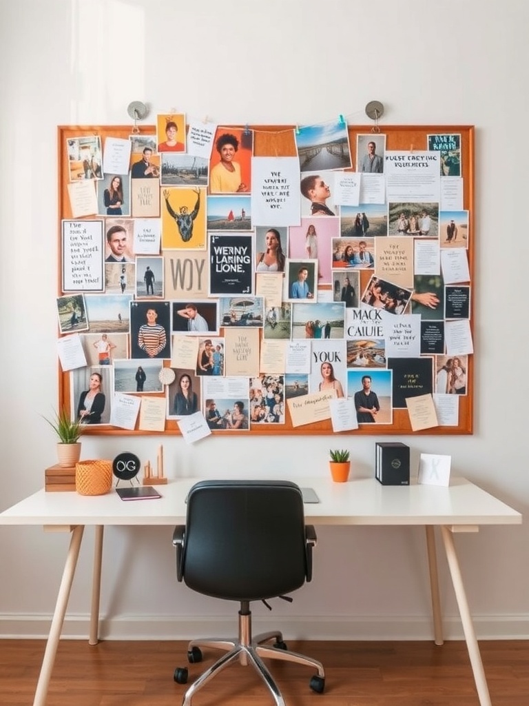 A colorful inspiration board filled with photos and quotes in a small home office setting.