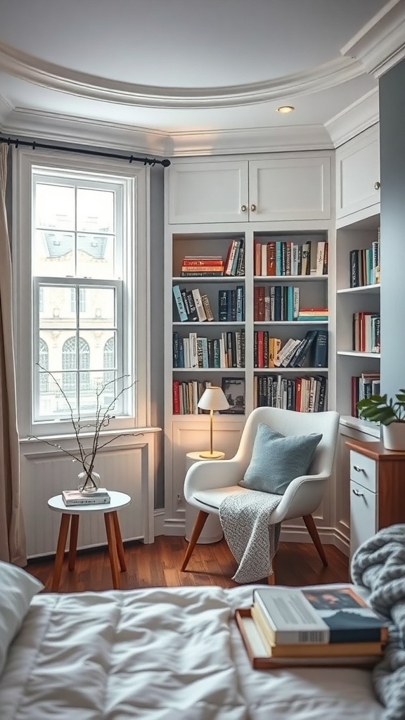 A cozy reading nook with a chair, side table, and bookshelf in a bedroom.