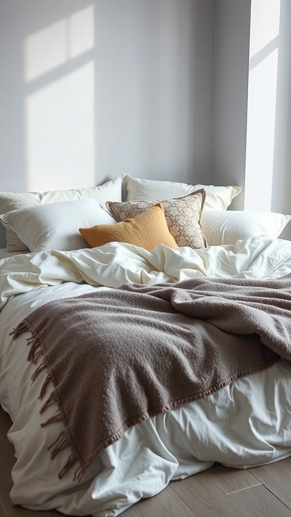 A cozy bedroom with layered textiles, featuring fluffy pillows and a warm throw blanket.