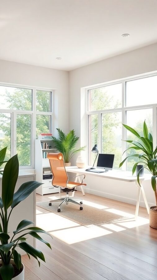 A bright and cozy home office with large windows, plants, and a stylish desk.