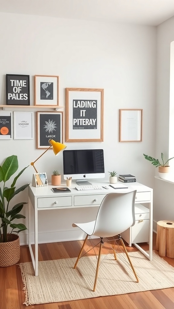 A stylish home office with a white desk, computer, and framed art on the walls.