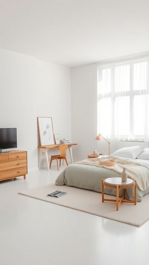 A minimalist bedroom featuring neutral tones, wooden furniture, and natural light.