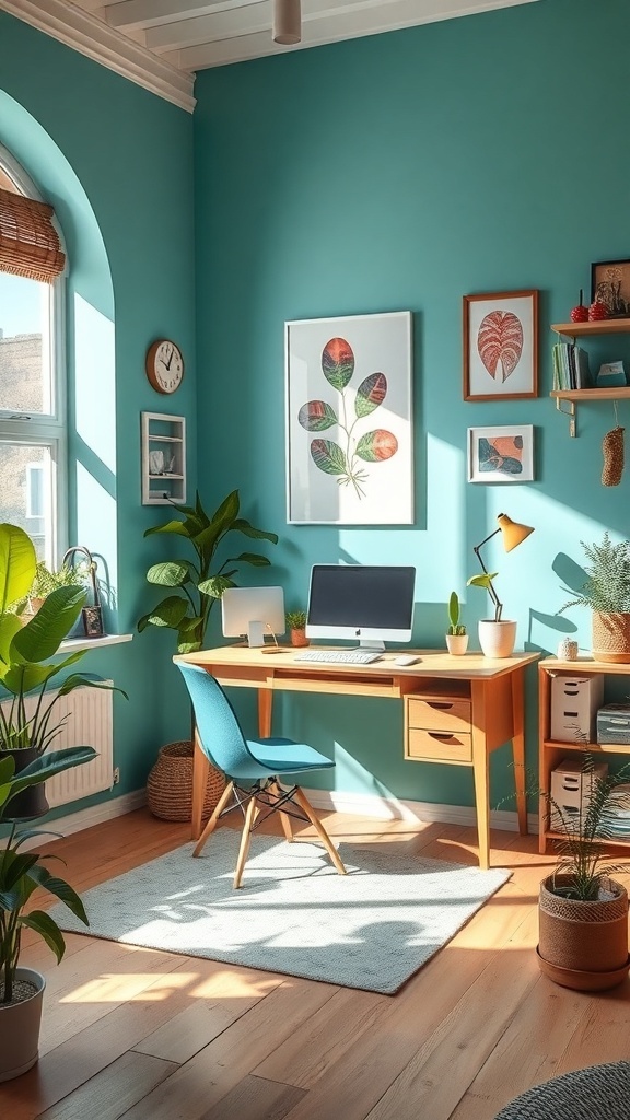 A small home office with teal walls, wooden furniture, and plants.