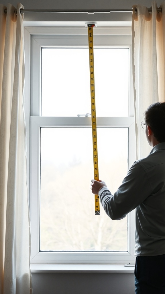 A person measuring a window with a tape measure for curtain fitting.