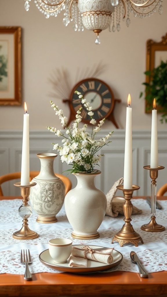 7 Timeless Traditional Home Decor Essentials 4 A traditional dining table set with elegant vases, candles, and fine china.