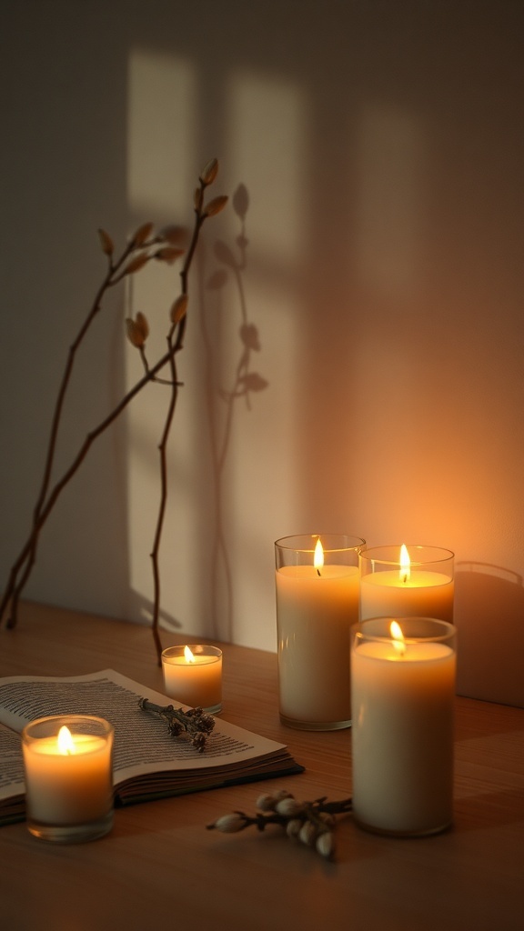 11 Cozy Home Decor Must-Haves for a Warm and Inviting Space 9 A cozy setup with lit scented candles, a book, and decorative branches.