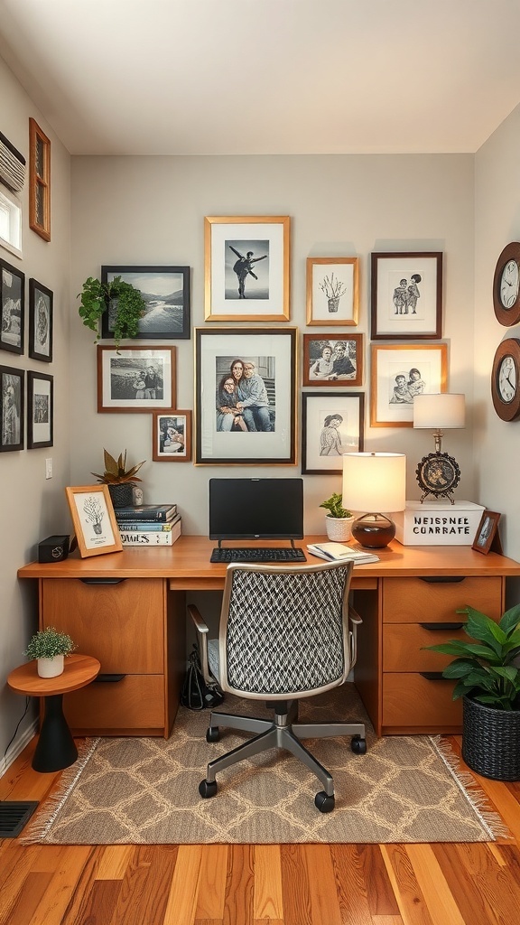 A modern home office with personalized decor, featuring framed photos on the wall, a desk with a computer, and plants.