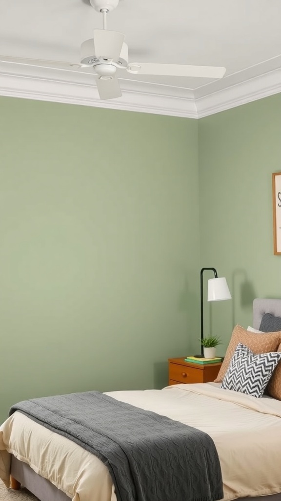A bedroom featuring a sage green accent wall, light bedding, and a ceiling fan.