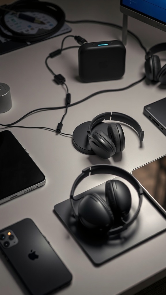 A modern home office setup featuring headphones, a smartphone, and a laptop on a clean desk.