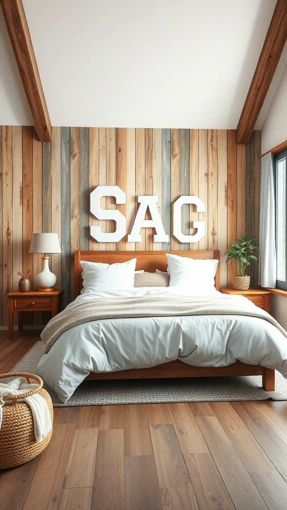 A cozy modern farmhouse bedroom with wooden walls, large letters, and soft bedding.