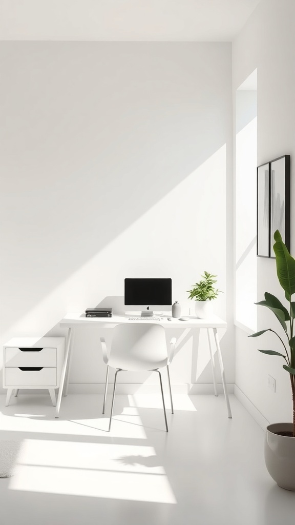 A minimalist workspace featuring a white desk, computer, and a small plant in a bright room.