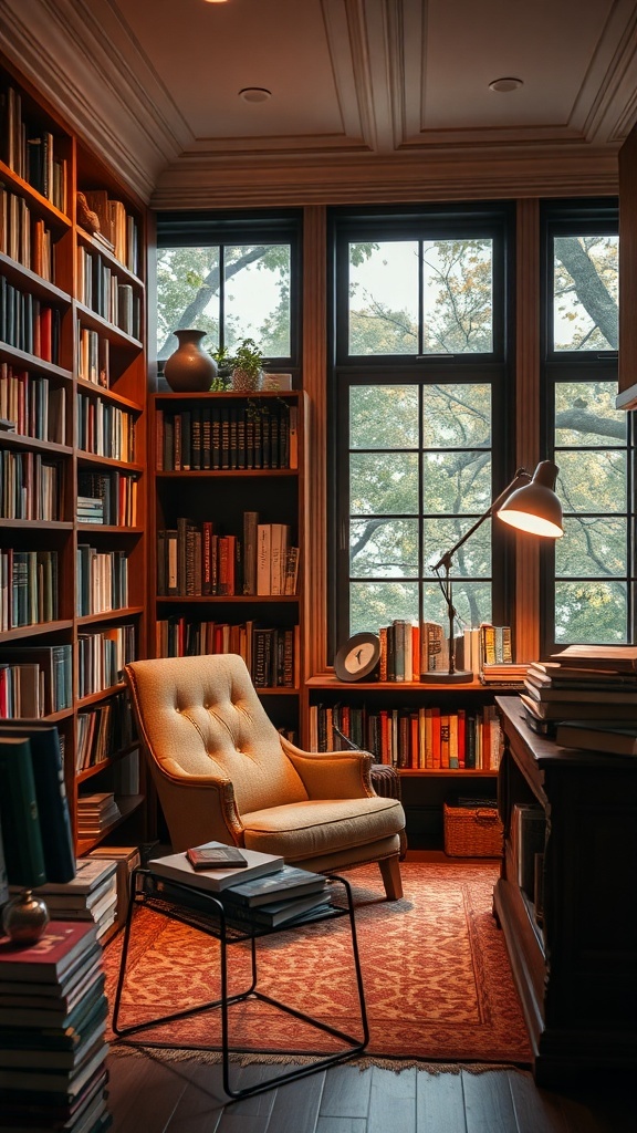 Cozy reading nook with a chair, bookshelves, and natural light