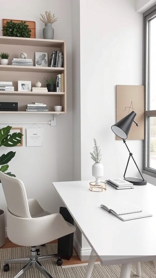A cozy home office with a clean desk, organized shelves, and a comfortable chair.