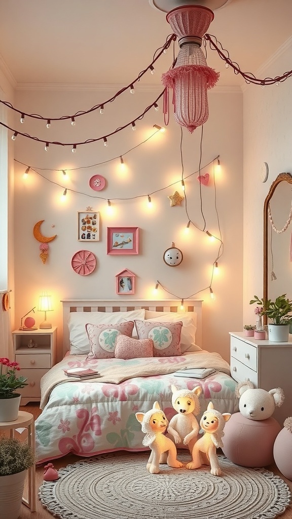 A cozy bedroom with pink decor, string lights, and playful stuffed animals.