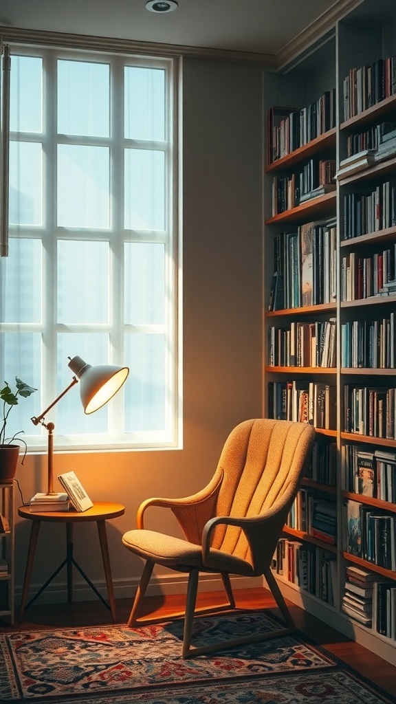 12 Trendy Home Decor Ideas for Millennials 10 A cozy reading nook featuring a stylish chair, a warm floor lamp, and a bookshelf filled with books.