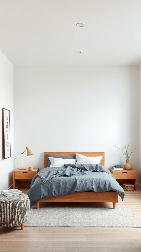 A minimalist bedroom featuring light wood furniture, gray bedding, and a woven ottoman.