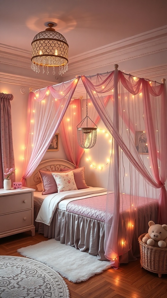 A whimsical fairy tale themed girl's bedroom with pink drapes, fairy lights, and a cozy atmosphere.
