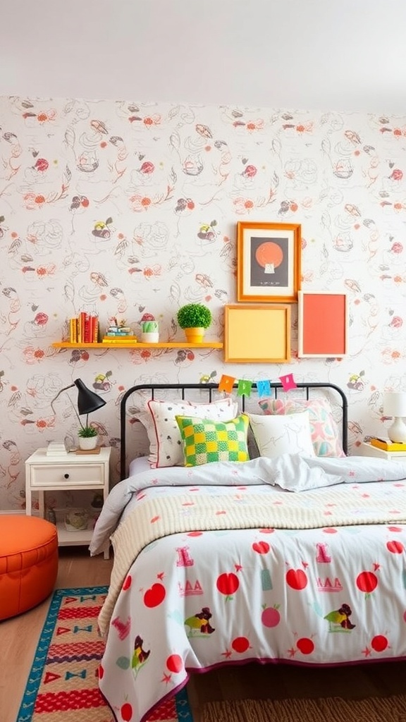 A grey bedroom with playful patterns, featuring whimsical wallpaper, colorful bedding, and vibrant decor.