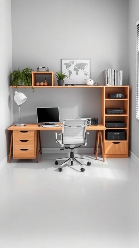 A modern home office with a wooden desk, ergonomic chair, and shelves with plants.