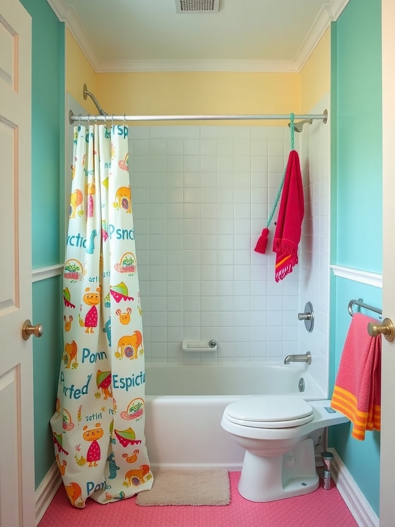 14 Whimsical Home Decor Items to Spark Your Imagination 14 A colorful bathroom with a playful shower curtain featuring animals, bright towels, and pastel walls.