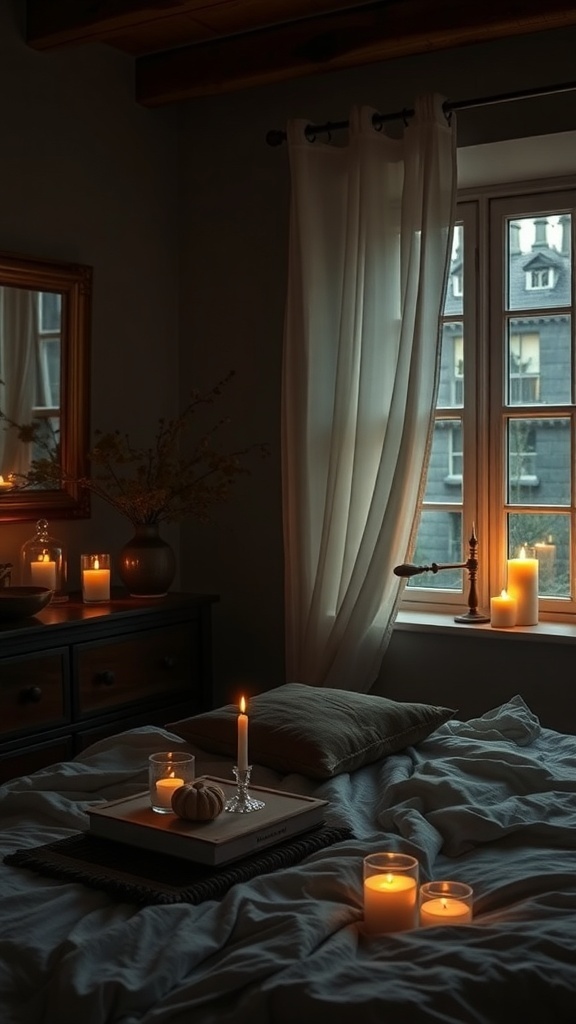 A cozy bedroom with candles lit on a bedside table and around the room, creating a warm atmosphere.