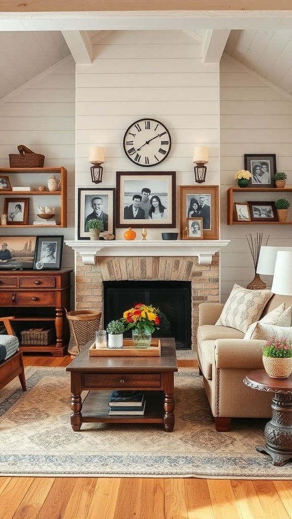 Cozy farmhouse living room with family photos and warm decor