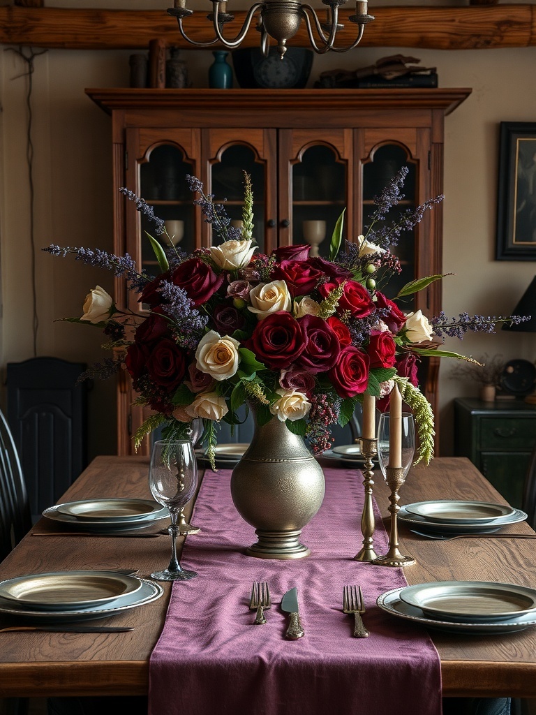16 Unique Gothic Western Home Decor Finds 16 A floral arrangement featuring dark red and white roses in a vintage vase on a wooden dining table, with elegant tableware and candles.