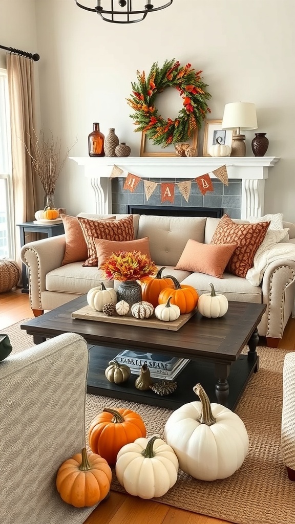 A cozy living room decorated with various pumpkins and seasonal decor.
