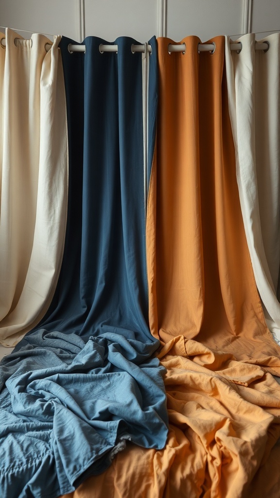 A variety of curtain fabrics in different colors, including blue, orange, and cream, displayed in a draped manner.