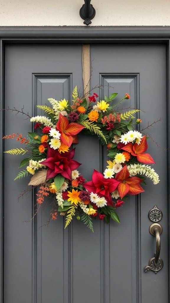 A colorful autumn wreath with red, yellow, and green flowers on a gray front door.
