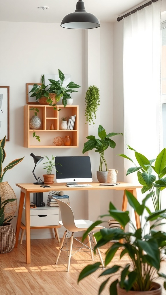 A bright home office with a wooden desk, computer, and various plants.