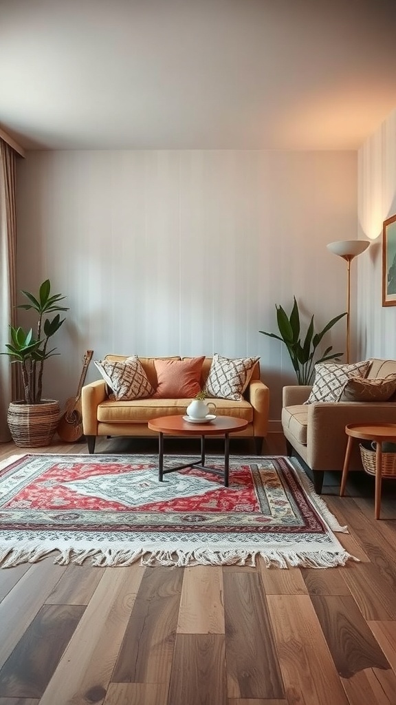 A cozy living room with layered rugs, warm colors, and plants