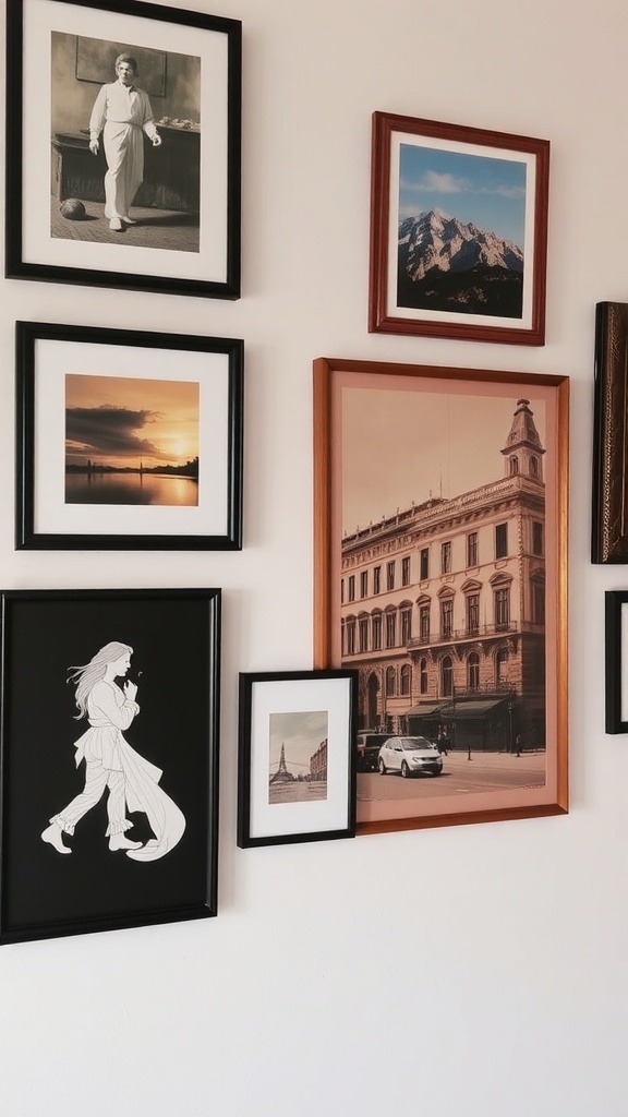 A wall featuring various framed quotes and photographs, creating a personalized and inspiring workspace.