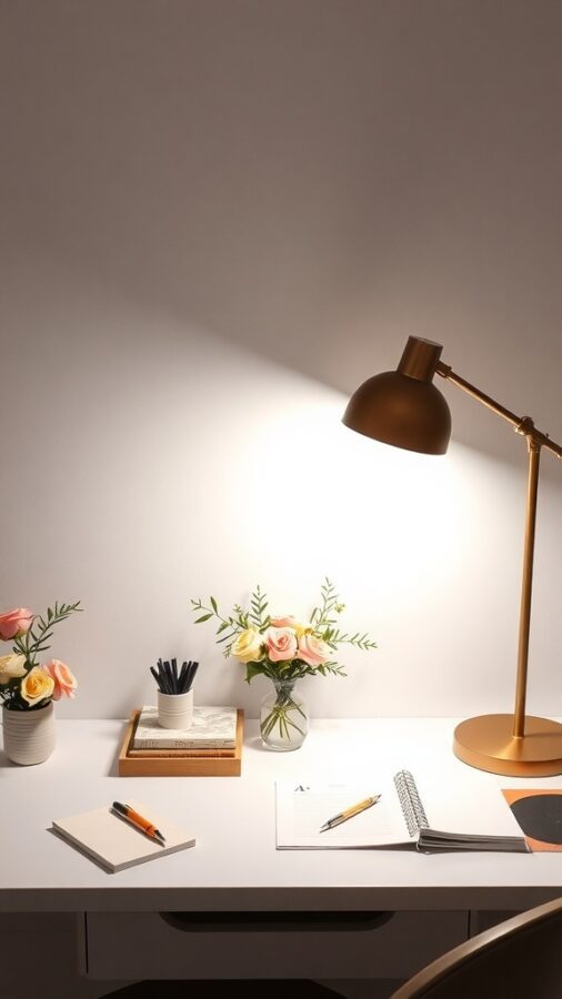 A stylish home office desk with a golden lamp, flowers, notebooks, and pens.