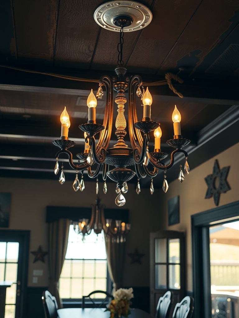 16 Unique Gothic Western Home Decor Finds 11 A gothic chandelier with candle-like bulbs and crystal accents hanging in a room.