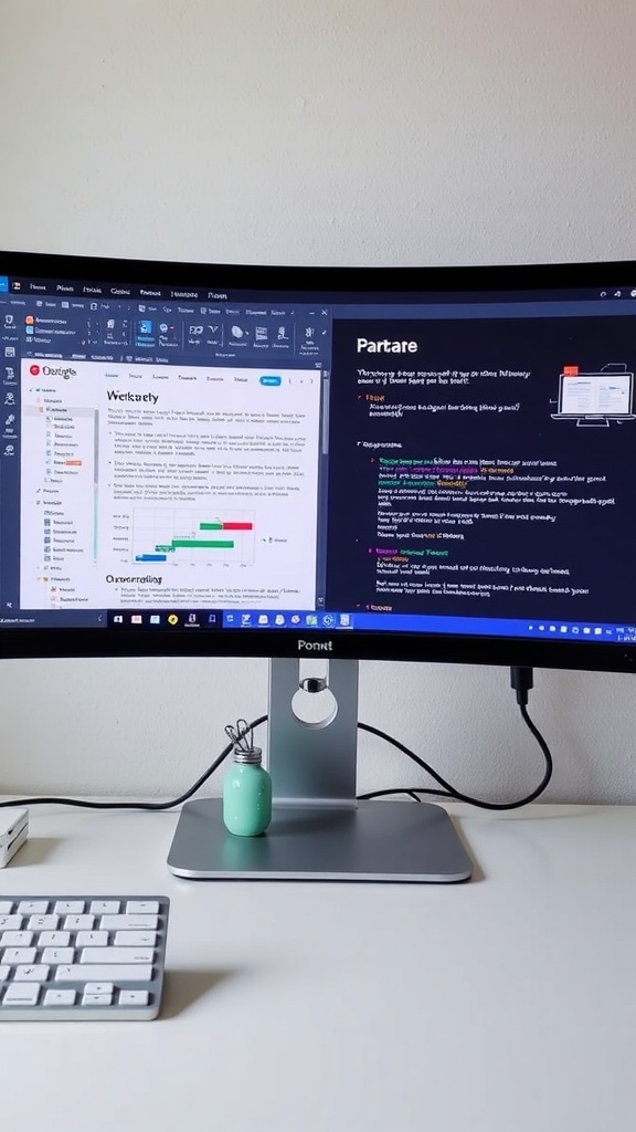 A dual monitor setup showing a document on one screen and a chat application on the other.