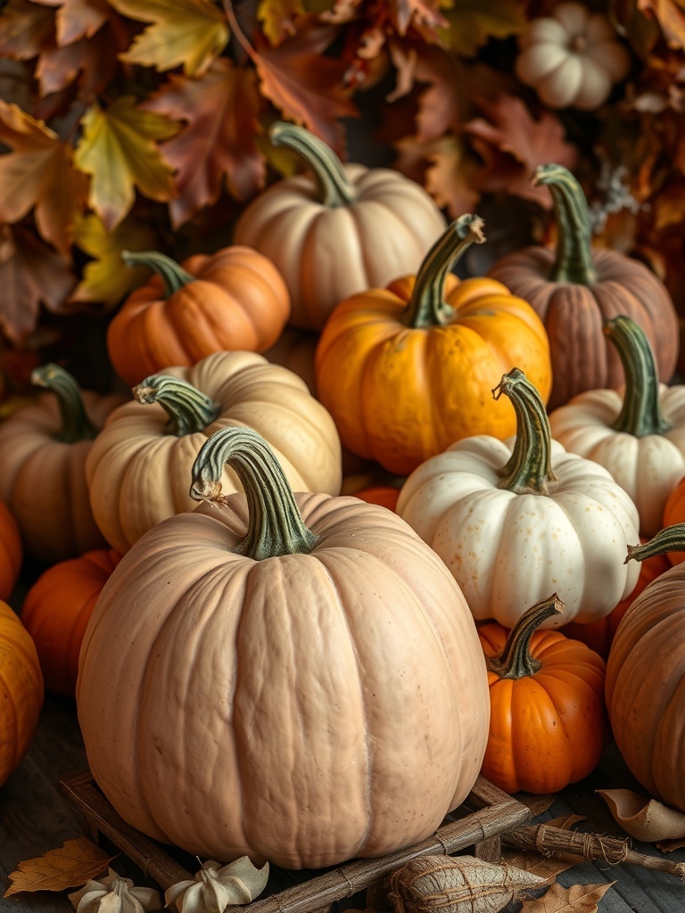 12 Spooktacular Halloween Home Decor Ideas to Transform Your Space 1 An assortment of pumpkins in various colors and sizes, surrounded by autumn leaves.