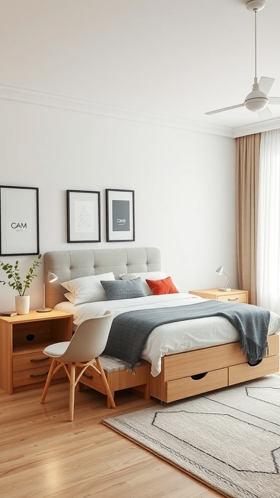 A modern bedroom featuring a bed with storage drawers, bedside tables, and a chair, all in light colors and natural wood.