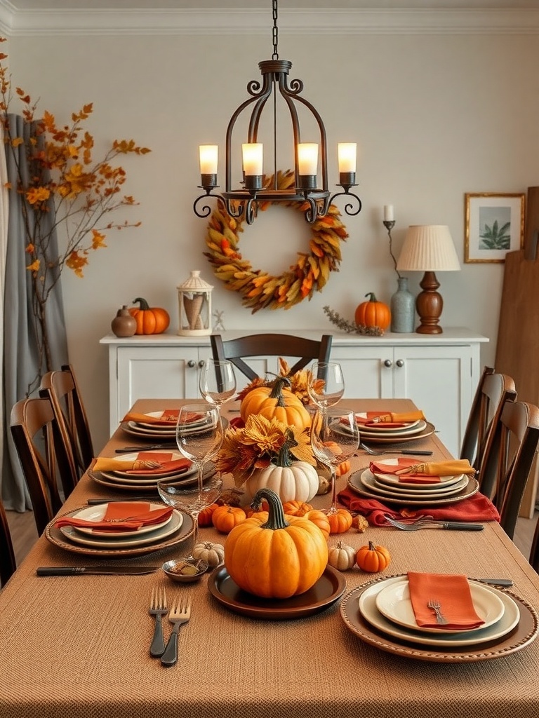 15 Cozy Fall Home Decor Ideas to Transform Your Space 9 A beautifully arranged fall table setting with pumpkins and warm colors.