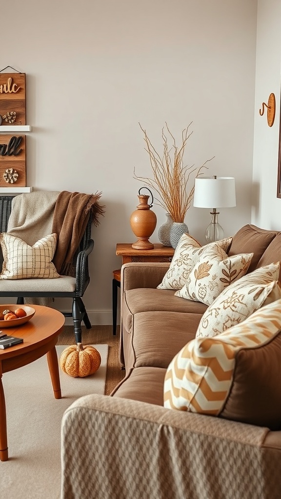 A cozy living room decorated for fall with comfortable seating, decorative pillows, and seasonal decor.