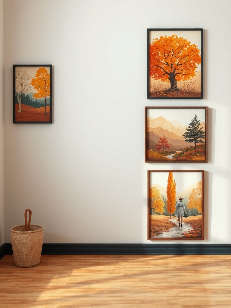 15 Cozy Fall Home Decor Ideas to Transform Your Space 4 A cozy wall featuring nature-inspired fall art with warm colors and autumn themes.
