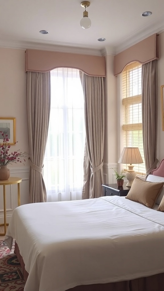 Stylish window treatments in a guest bedroom with beige curtains and a valance.