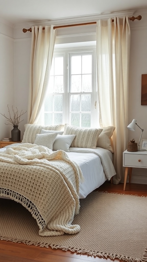 A cozy farmhouse bedroom featuring a bed with a chunky knit blanket, soft pillows, light curtains, and a woven rug.