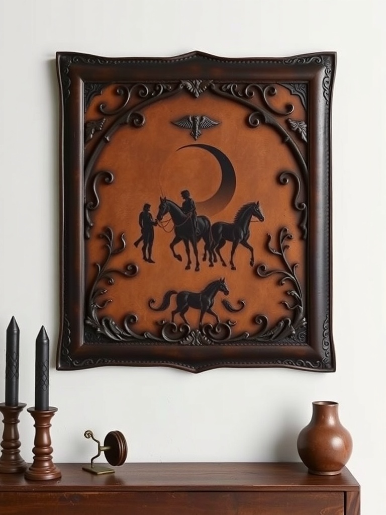 16 Unique Gothic Western Home Decor Finds 12 Leather wall art featuring horse riders and intricate designs in a dark frame.