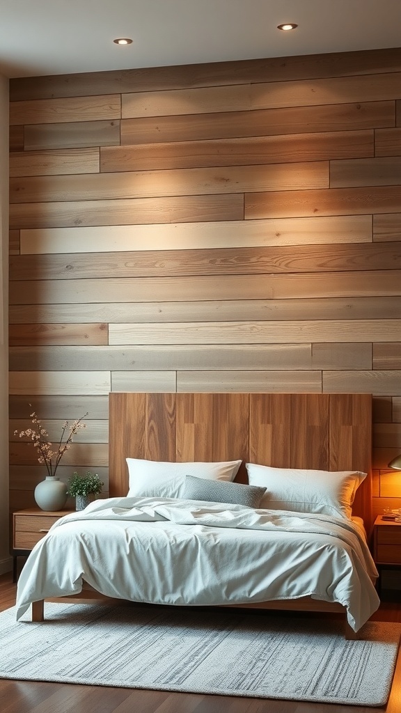 A cozy bedroom featuring a wood-paneled accent wall, a simple bed with white bedding, and soft lighting.