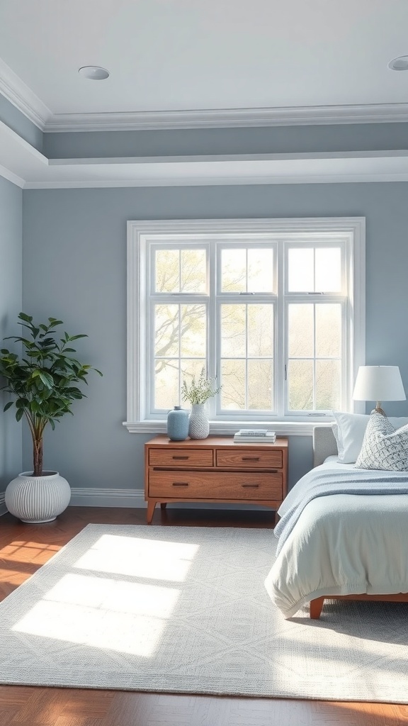 A calming master bedroom with soft blue walls, wooden furniture, and natural light.
